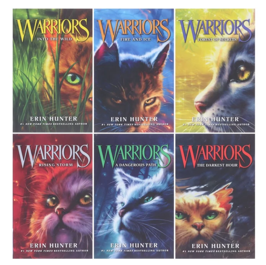 Six book covers from the Warriors series by Erin Hunter arranged in a 2x3 grid. The covers feature different animal characters and dramatic color palettes: green, blue, yellow, red, and orange tones.