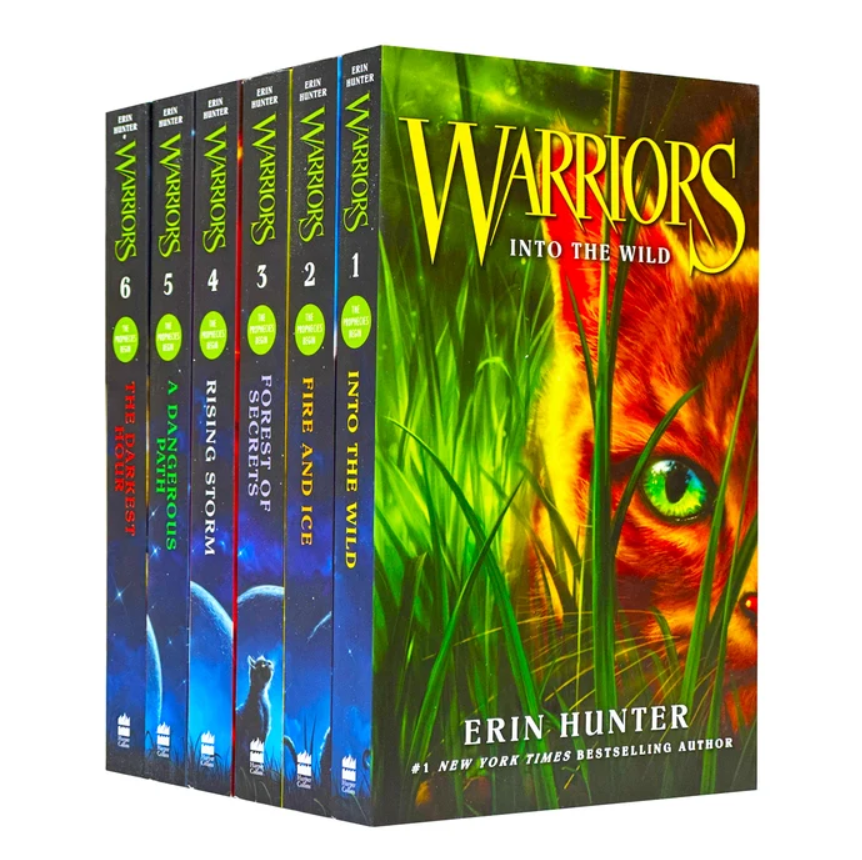 A boxed set of six books from Erin Hunter's Warriors series, showing the front cover and five spines against a plain white background.