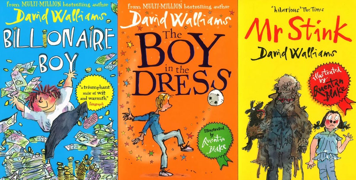 Three children's books by David Walliams shown side by side: 'Billionaire Boy' in blue, 'The Boy in the Dress' in orange, and 'Mr Stink' in yellow, each with colorful illustrated covers and author branding.