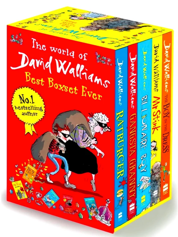 The world of David Walliams Best Boxset Ever book collection, featuring five colorful children's books standing upright in a bright yellow and red box set against a white background.